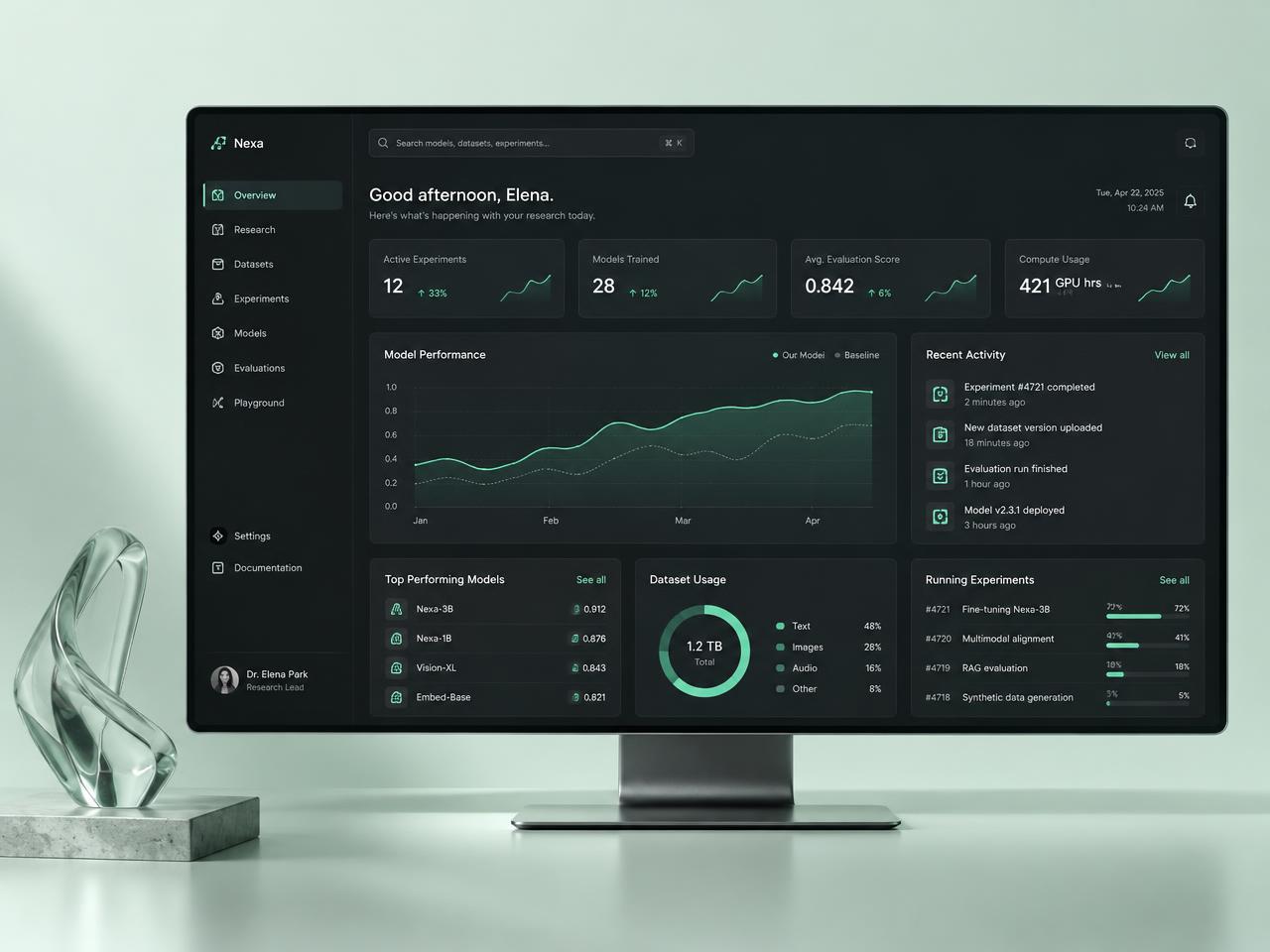 Nexa AI research dashboard on a desktop monitor